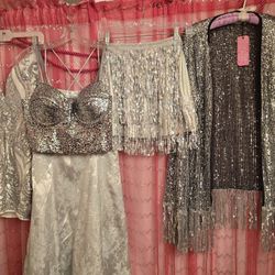 4 Various Silver  Pieces.dress,rindstonebratop,skurt& Jacket See Description & Photos!!