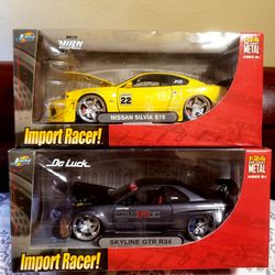 IMPORT RACER NISSAN SILVIA S15 & NISSAN SKYLINE GTR R34   1:24 SCALE DIE CAST METAL   2004  BRAND NEW RARE👽 LOT OF 2  
