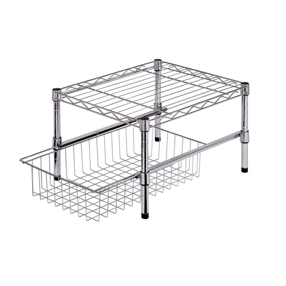 Honey-Can-Do 11 in. H x 12 in. W x 18 in. D Sturdy Adjustable Steel Shelf with Basket Cabinet Organizer in Chrome Model # SHF-03525