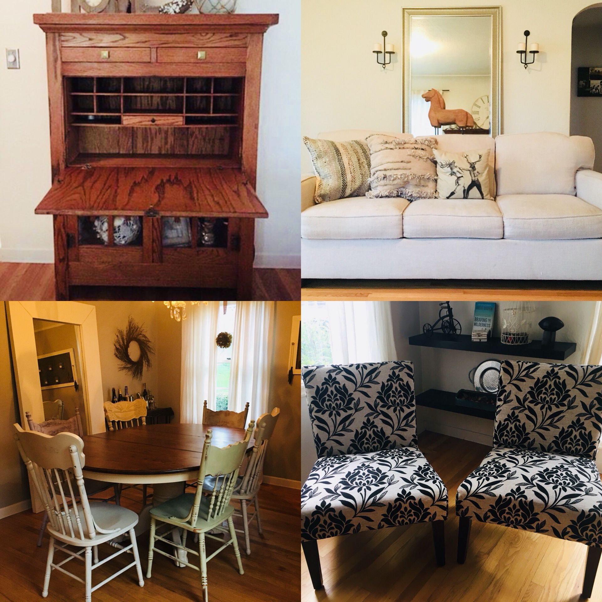 Furniture Sell! Antique Secretary, White tweed/linen couch, Refurbished Country Farm table w/6 chairs, Two Accent chairs