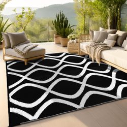 5x8 Black/White Contemporary Reversible Quick-Dry Outdoor Area Rug, NEW