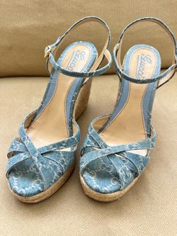 Gucci Denim Monogram Espadrille Wedge Sandals