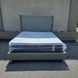 Silver King Size Sofia Vergara Upholstery Bed Frame With Brand New King Size Tempur-pedic Luxe Adapt Firm Meduim Mattress And Box Spring In Plastic 