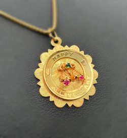 14k solid yellow gold Happy Anniversary Emerald Ruby 0.1CTW Pendant charm