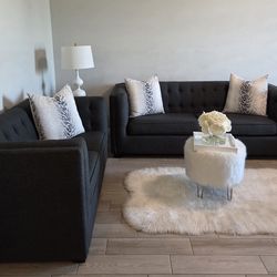 Beautiful Dark Gray Sofa and Loveseat. 
Used, in great condition. Pillows Or Decor Not Included. 

Sofa 
86"L x 34"W x 32"H 

Loveseat 
61"L x 34"W x 