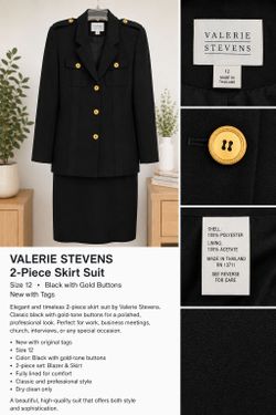 Elegant Valerie Stevens 2-piece skirt suit in classic black with beautiful gold-tone buttons. This timeless set is perfect for the office, business me