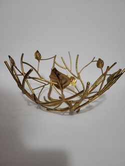 Gold Tone Metal Branch Leaf Fruit Bowl Decorative Basket Table Centerpiece