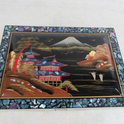 Asian Musical Jewelry Box Mother Of Pearl Black Lacquer Scenery & Key
