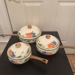 Set Of 3 Villeroy & Boch Amapola Enamel Flower Floral Pots & Pans With Lids