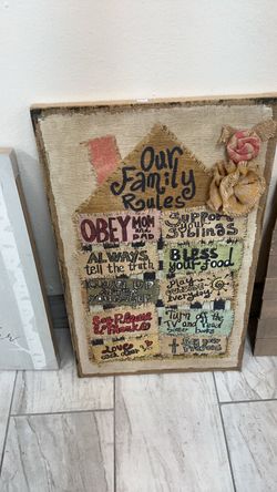 Our Family Rules Burlap Wall Sign