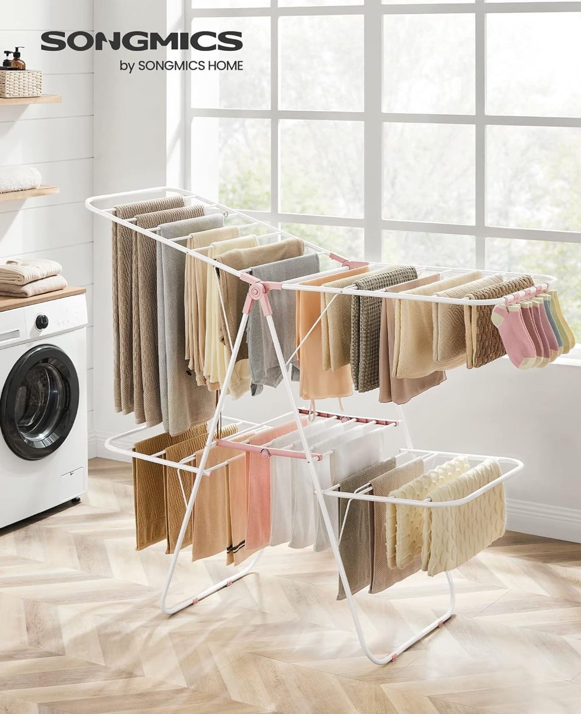 SONGMICS Clothes Drying Rack Foldable 2-Level Laundry Drying Rack - White/Pink