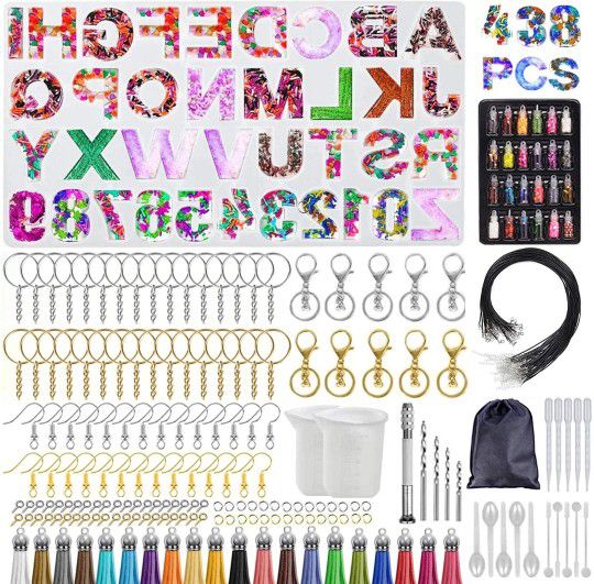 DIY Letter Resin Molds and Tools Kit, 438 Pcs Large Silicone Backward Number Alphabet Jewelry Resin Casting Molds with Resin Supplies,for Keychain Etc