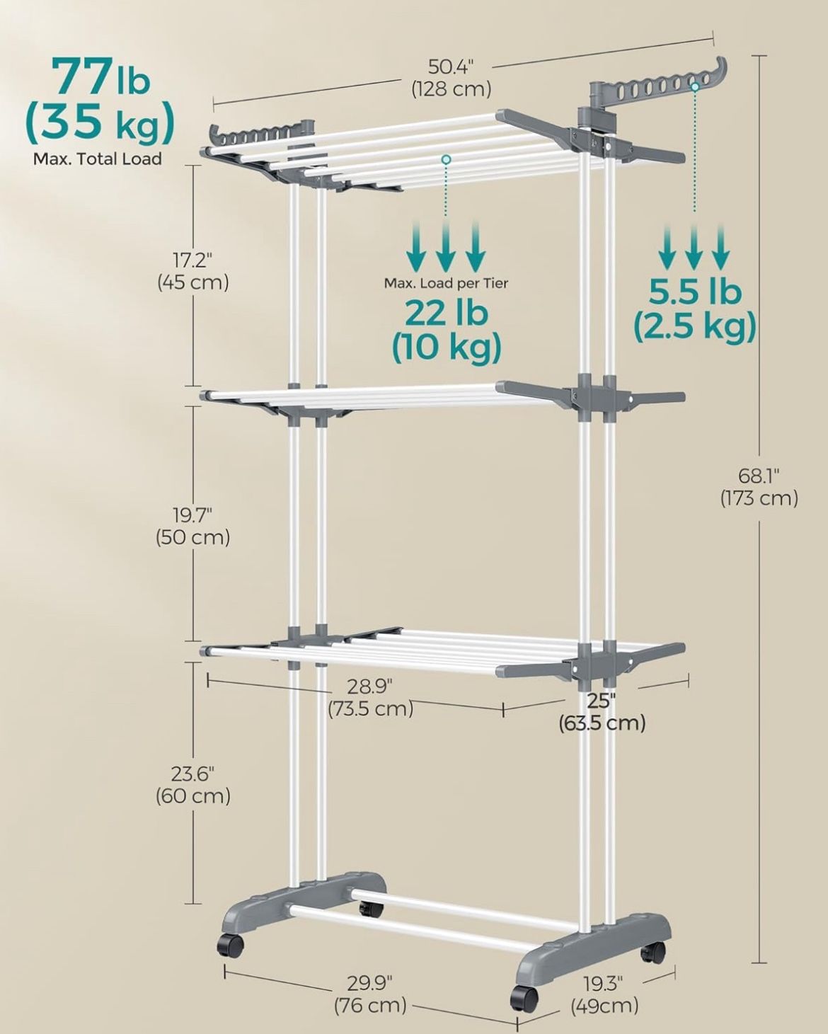 SONGMICS Clothes Drying Rack Stand 4-Tier Foldable Laundry Drying Rack - White