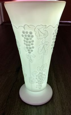 Vintage 1950s to 1960s White Milk Glass Mid Century Flower Vase Embossed Grapes and Vines