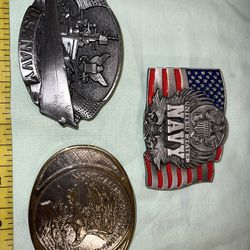 Set Of Three (3) Vintage Patriotic Belt Buckles (US Navy Flag & Seal)