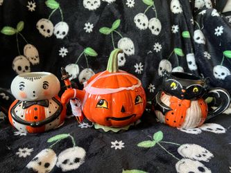 Rare Johanna Parker, Carnival Cottage Designs, Jackolantern Container with lid and Spoon, Spider Mug, Bat Mug, sold separately or all together
