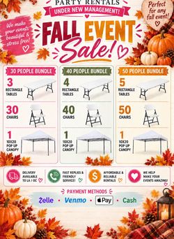 Tables, chairs, canopy, heater