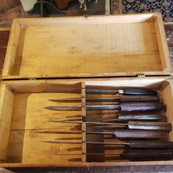 Set Of 8 Antique Butcher Knives In Wood Box