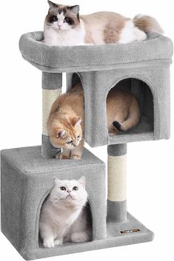 Cat Tree, 29.1-Inch Small Cat Tower, Cute Plush Condo, Light Gray for Medium Cats up to 11 lb, with 2 Sisal Scratching Posts, Cozy Perches, 2 Spacious