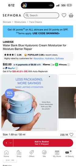 Laneige water bank blue hyaluronic cream moisturizer