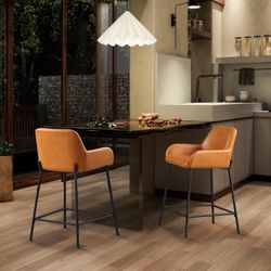 Counter Height Bar stools, 24 inch Bar Stools with Back, Set of 2,Faux Leather Bar Stools for Kitchen Island, Modern Kitchen Stools Black Metal Legs