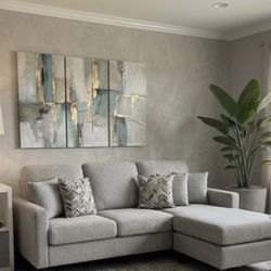 Grey, Natural Stark Light Grey Fabric Sofa with Reversible Chaise Track Arms. Shape L-Shaped sofa chaise. BRAND NEW couches have two of the same sofas