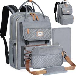 Diaper Bag Backpack Set, Large Baby Diaper Bag with Removable Cross Body Bag & Changing Pad, Travel Backpack for Women Men, Waterproof, Grey