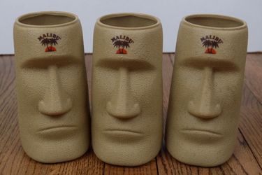 Set of 3 Plastic Malibu Rum Easter Island Moai Mug Tiki Caribbean Rare HTF - NEW