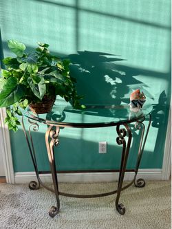 Accent Furniture Half Moon Console Table with Metal Scroll Legs, Glass Top 40”L x 16”W x 30”H