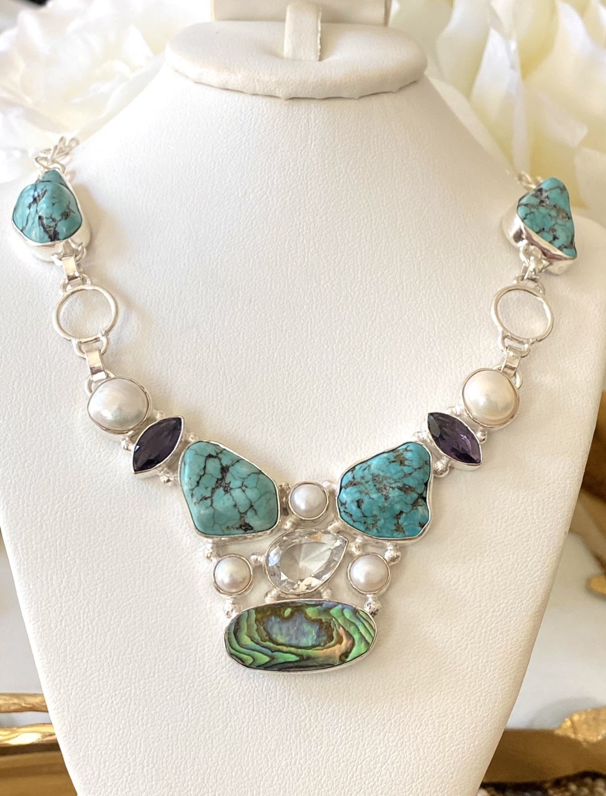 Turquoise, Abalone Shell, Pearl, Amethyst And White Topaz 925 Sterling Silver Overlay Necklace