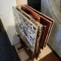 Linon Faux Marble Wood 4 TV Trays Set With Stand