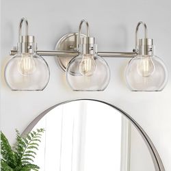 3 Lights Vanity Light, Brushed Nickel Bathroom Light Fixtures, Farmhouse Wall Sconces with Globe Clear Glass Shade