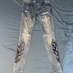 Amiri Flame Ankle Light Wash Distressed Jeans – Rare Designer Streetwear