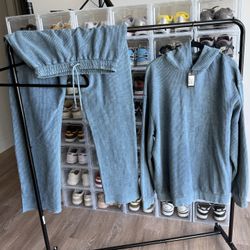 Blue Ribbed Lounge Set (Top + Pants) — Size Large — $20