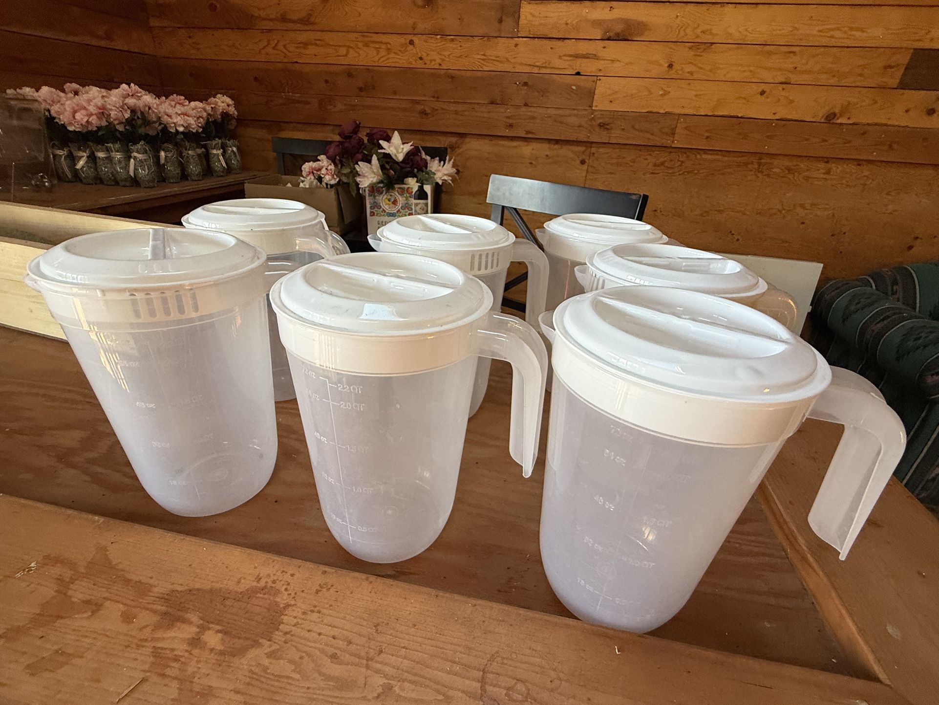 7 72 OZ White Pitchers