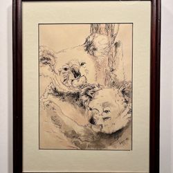 1974 Original Watercolor & Ink Australian Koala Bears Signed & Framed Painting