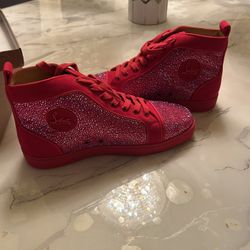 Christian Louboutin Louis Strass Flat High sneaker in red suede with rhinestone embellishments. 