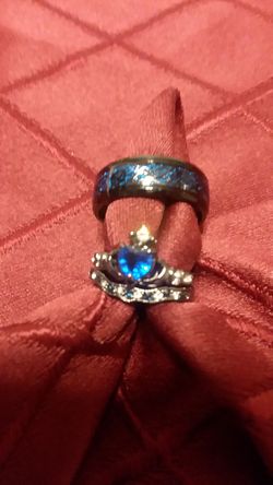 Size 7 & 9 Lady's Black Gold Filled With Blue ENGAGEMENT & WEDDING RINGS And Man's Size 12 & 13 Matching WEDDING BAND