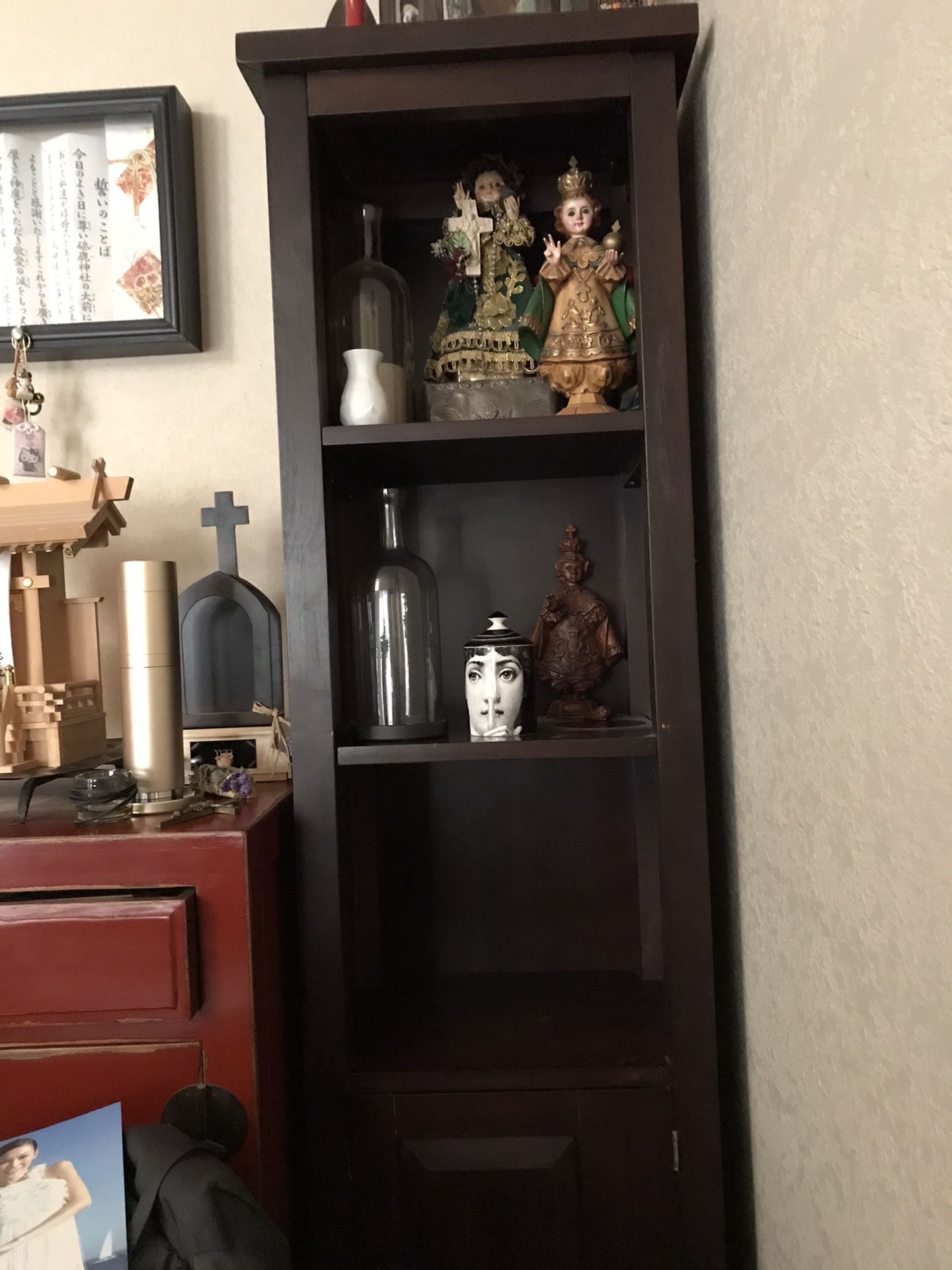World Market- solid wood curio or bookshelf $20 must pick up today October 28