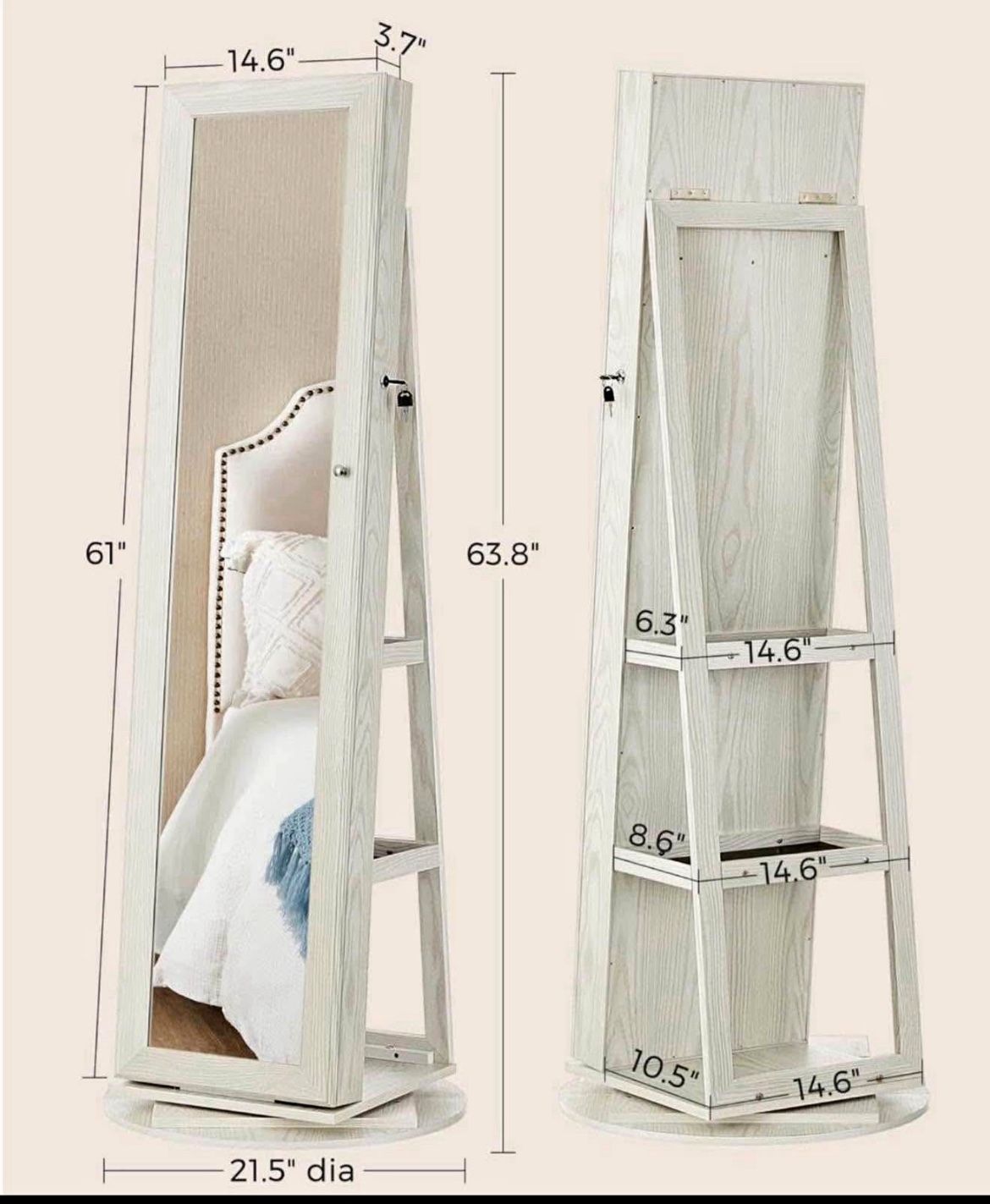 360° Swivel Jewelry Cabinet, Lockable Jewelry Organizer with Full-Length Mirror, Rear Storage Shelves, Interior Mirror, Jewelry Armoire, G