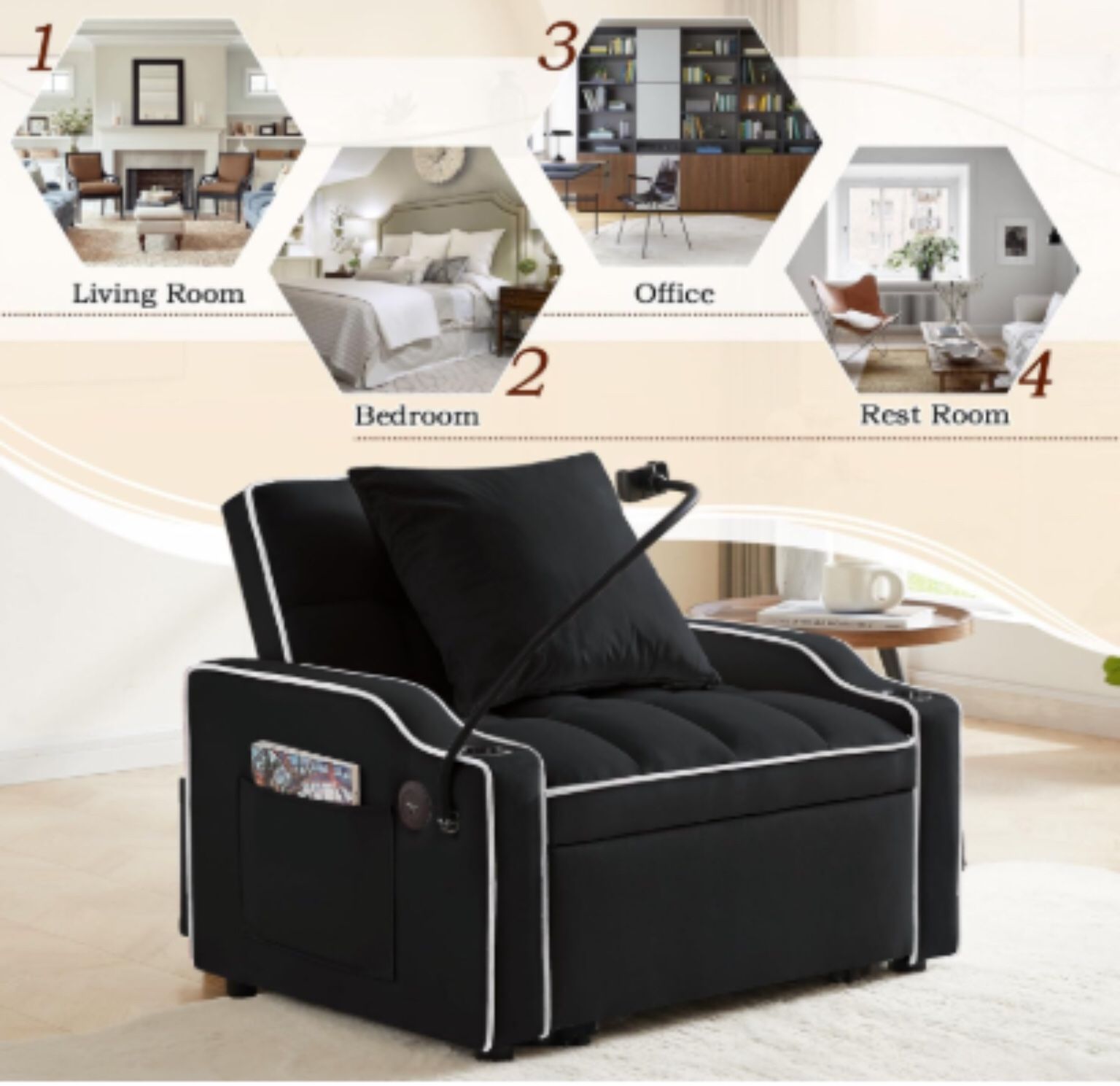 Modern 3- in - 1 Convertible Sofa Bed Chair, Black ASSEMBLED