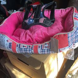 Small dog bed with reversible, pillow and harness