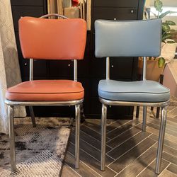 Set of 2 Vintage Mid Century Modern MCM Leather Chairs Coral Orange and Blue Studded Chrome Metal Legs