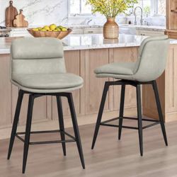 DAHLIAH 26 in. Light Beige Gray Faux Leather Metal Frame Double Layer Cushioned Swivel Bar Stool w/ Footrest (Set of 2)