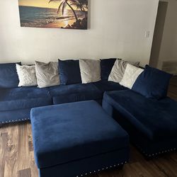 Blue Sectional Couch With Ottoman 