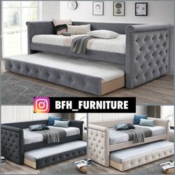 Twin/Twin Gray European Style Tufted Daybed w. Orthopedic Mattresses Included 