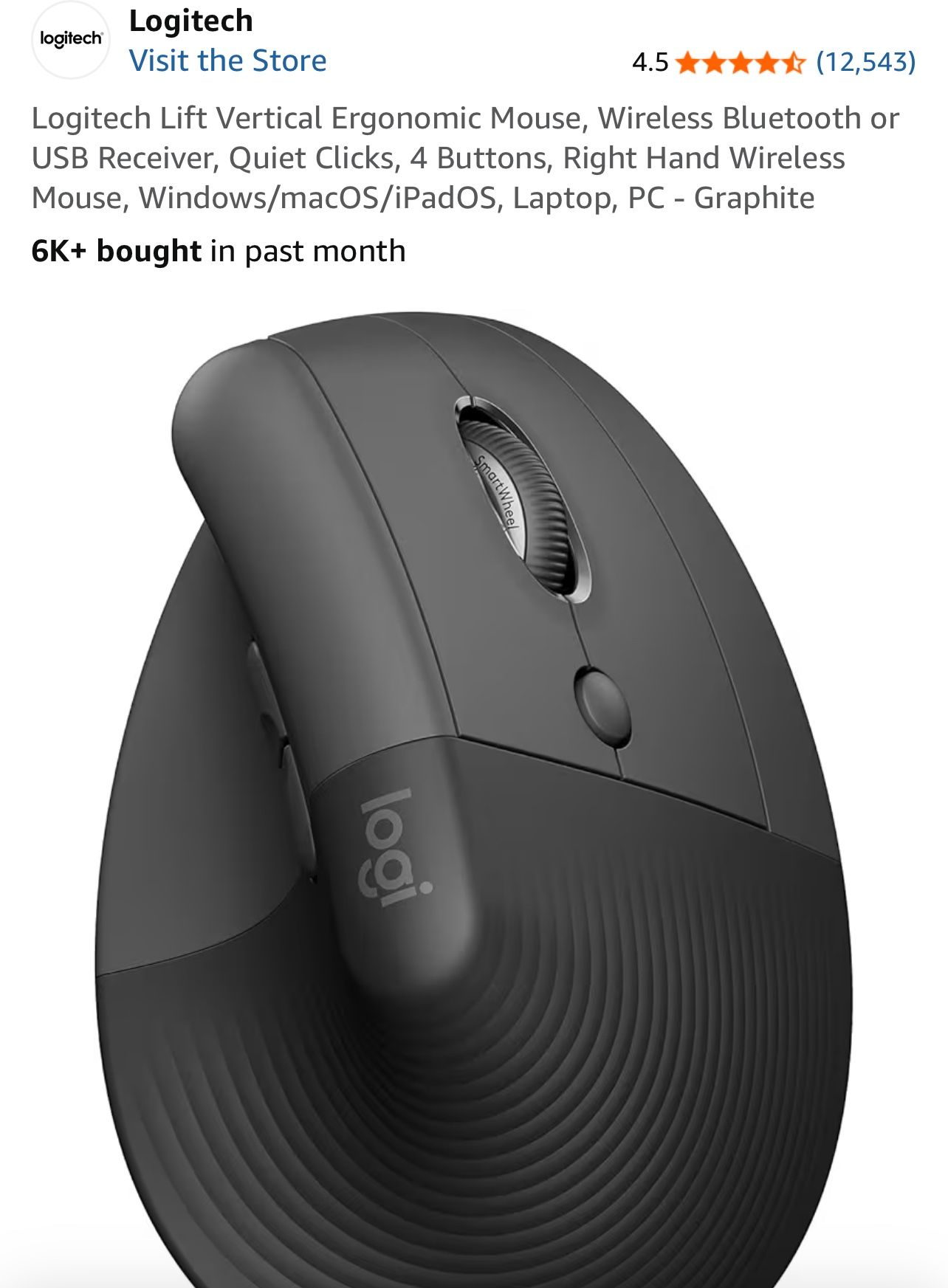 Logitech Lift Vertical Ergonomic Mouse, Wireless Bluetooth or USB Receiver, Quiet Clicks, 4 Buttons, Right Hand Wireless Mouse, Windows/macOS/iPadOS, 