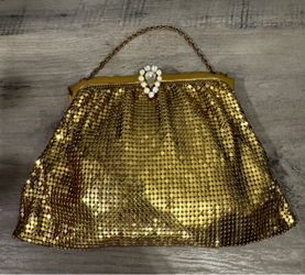 Vintage Whiting & Davis Gold Mesh Evening Bag Rhinestone Clasp Clutch 1950s