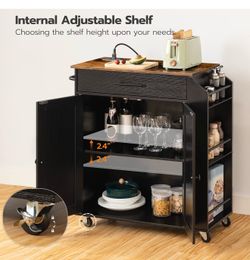 HOOBRO Kitchen Island with Power Outlet, Storage Island with Spice Rack and Drawer, Rolling Kitchen Cart on Wheels, for Home, Dining Room, Rustic Brow