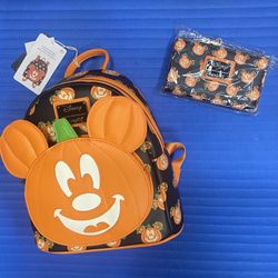 Loungefly Disney Mickey Mouse Pumpkin Jack O Lantern Mini Backpack and Matching Mickey O Lantern Wallet - NWTs 